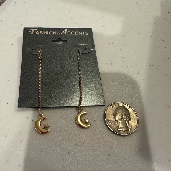 NWT 2 Pair of Fashion Accents Earrings gold tone dangles, moon, rhinestones - Picture 8 of 12